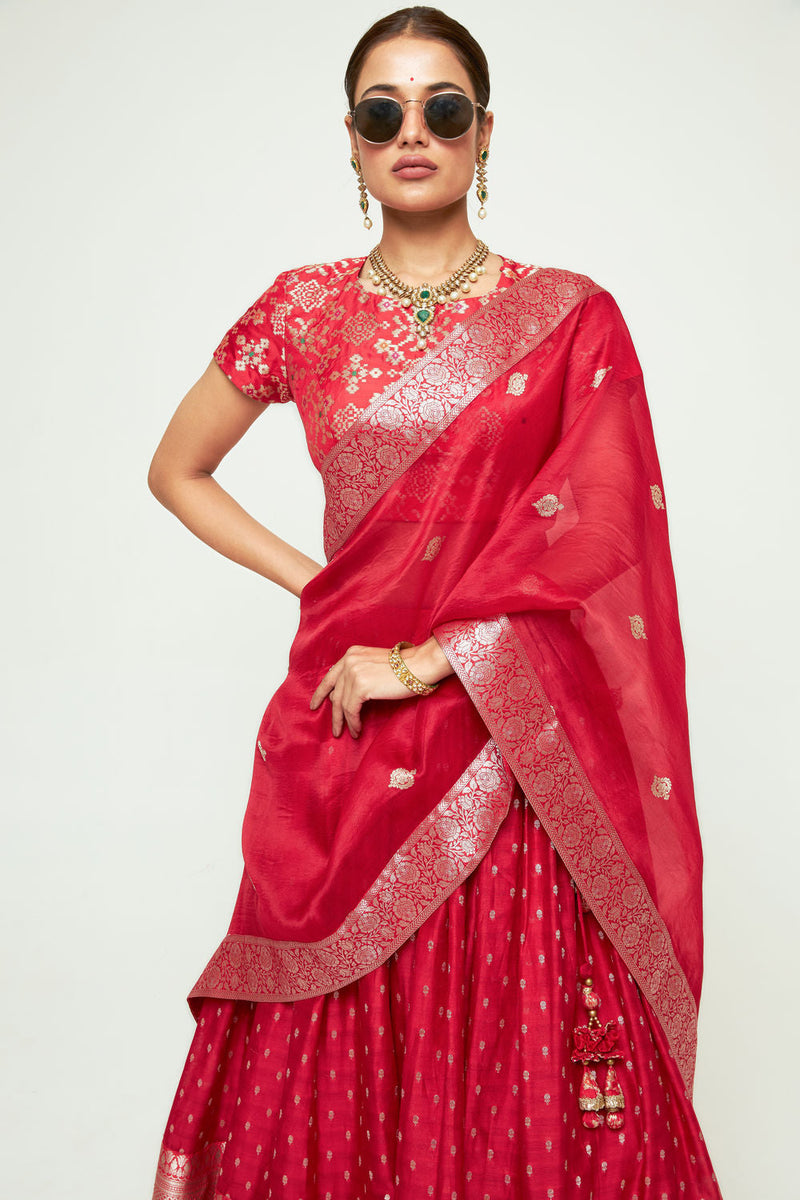 Mana Lehenga Set-Red silk, chanderi silk lehenga sets by SOBARIKO for women in Singapore