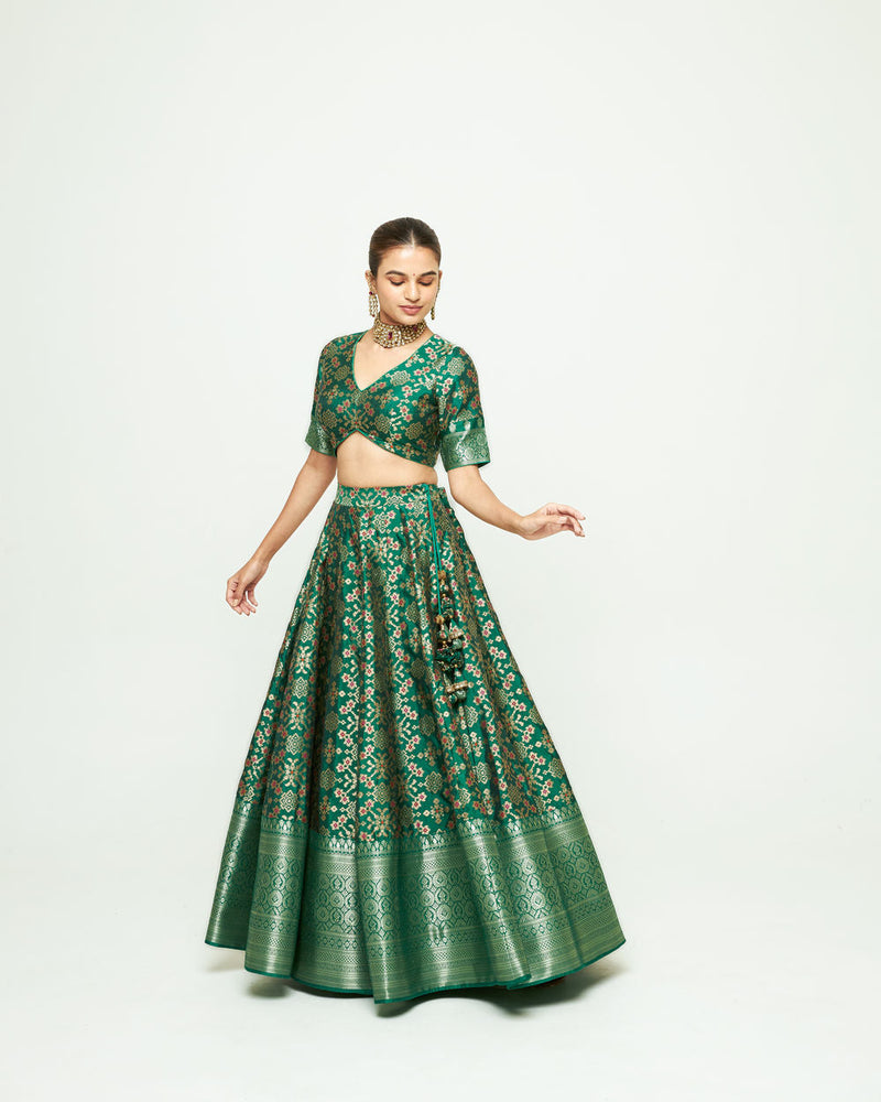 Meenaxi Lehenga Set-Green silk, organza lehenga sets by SOBARIKO for women in Singapore