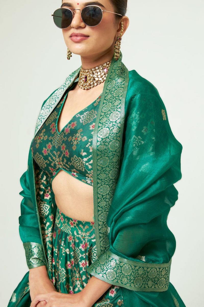 Meenaxi Lehenga Set-Green silk, organza lehenga sets by SOBARIKO for women in Singapore