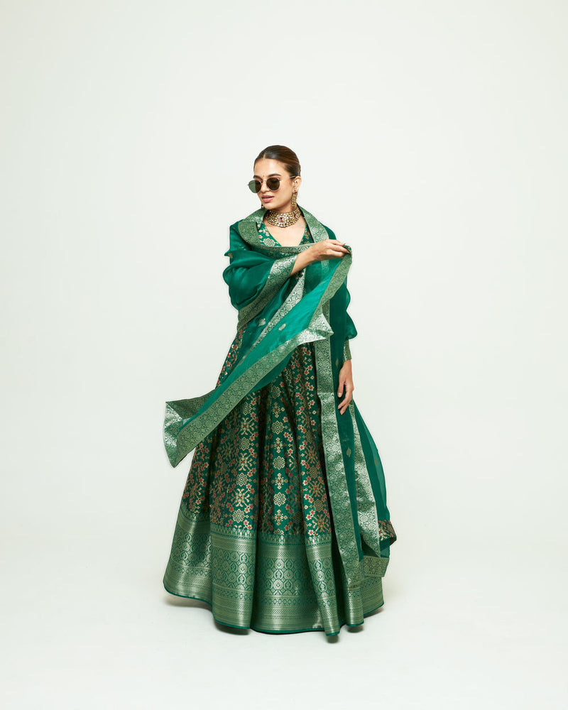 Meenaxi Lehenga Set-Green silk, organza lehenga sets by SOBARIKO for women in Singapore
