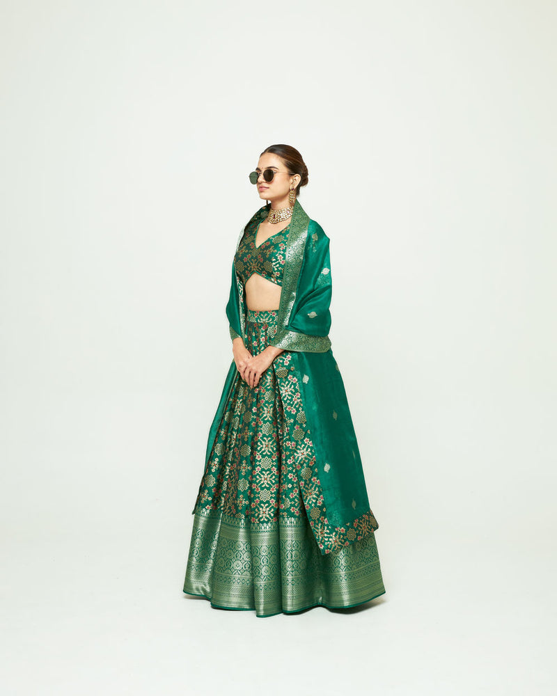 Meenaxi Lehenga Set-Green silk, organza lehenga sets by SOBARIKO for women in Singapore