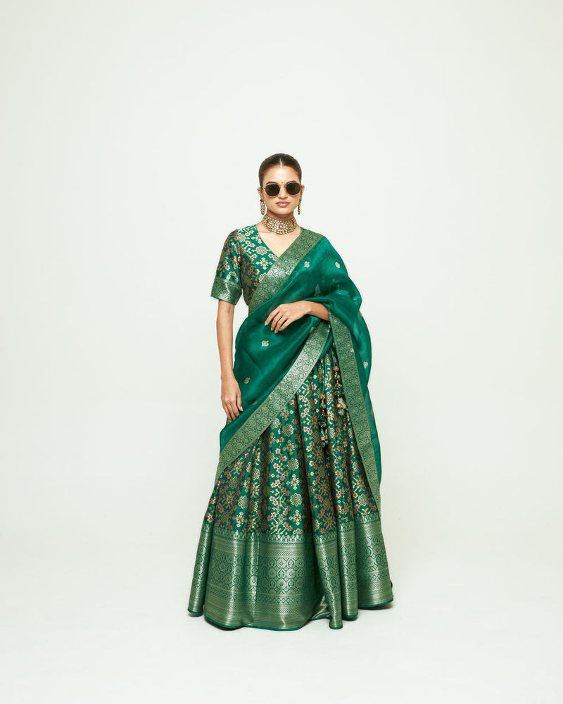 Meenaxi Lehenga Set-Green silk, organza lehenga sets by SOBARIKO for women in Singapore