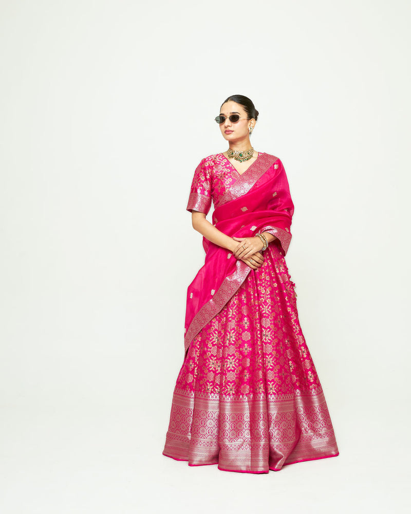 Meenaxi Lehenga Set-Pink silk, organza lehenga sets by SOBARIKO for women in Singapore