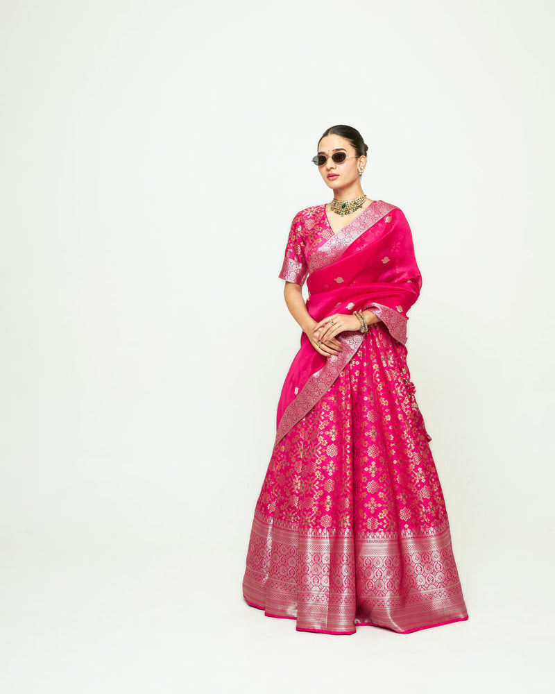 Meenaxi Lehenga Set-Pink silk, organza lehenga sets by SOBARIKO for women in Singapore