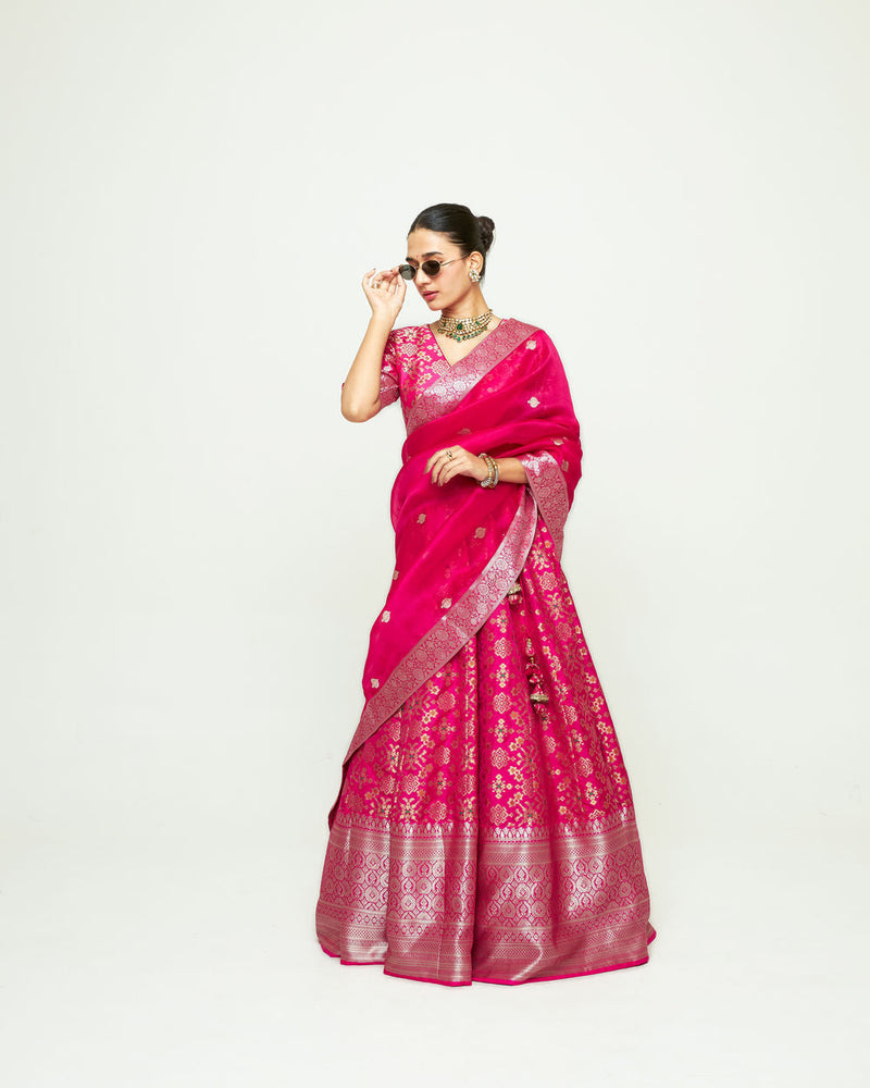 Meenaxi Lehenga Set-Pink silk, organza lehenga sets by SOBARIKO for women in Singapore