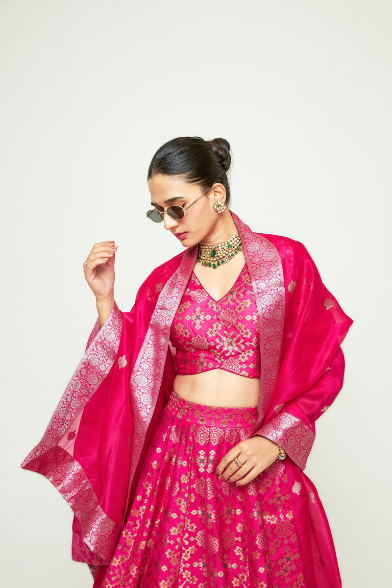 Meenaxi Lehenga Set-Pink silk, organza lehenga sets by SOBARIKO for women in Singapore