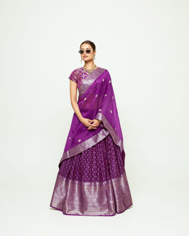 Mana Lehenga Set-Purple silk, chanderi silk lehenga sets by SOBARIKO for women in Singapore