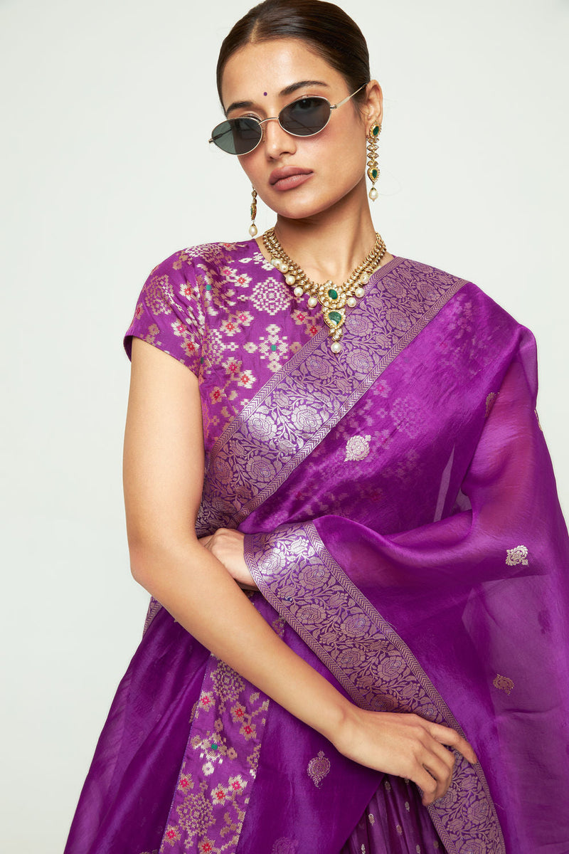 Mana Lehenga Set-Purple silk, chanderi silk lehenga sets by SOBARIKO for women in Singapore