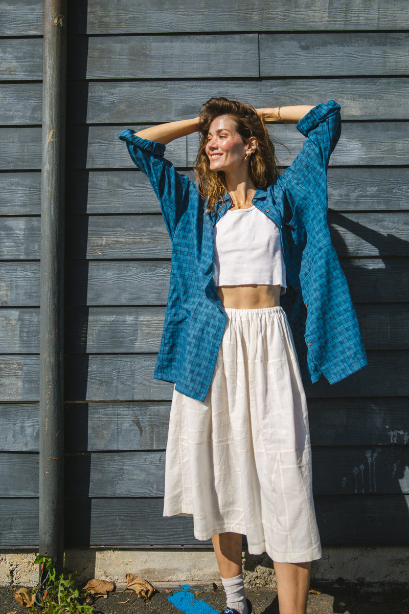 Soho Overshirt-Blue cotton by World of Crow in blue color for women in Singapore