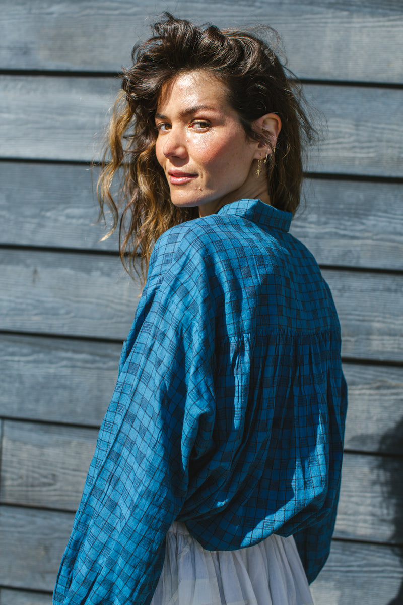 Soho Overshirt-Blue cotton by World of Crow in blue color for women in Singapore