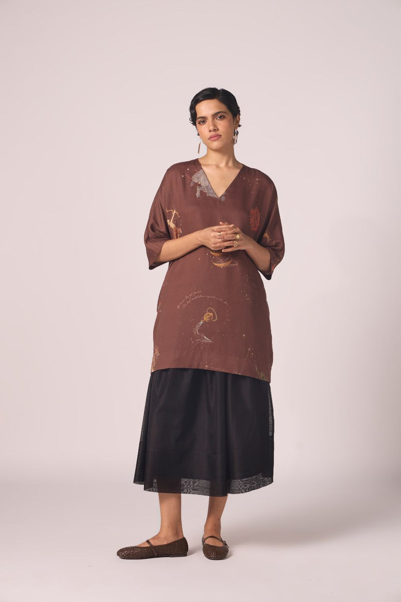 Stad Brown Zodiac Print Shift Dress by The Summer House in brown color for women in Singapore