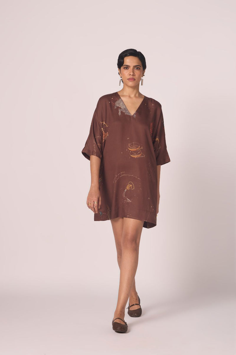 Stad Brown Zodiac Print Shift Dress by The Summer House in brown color for women in Singapore