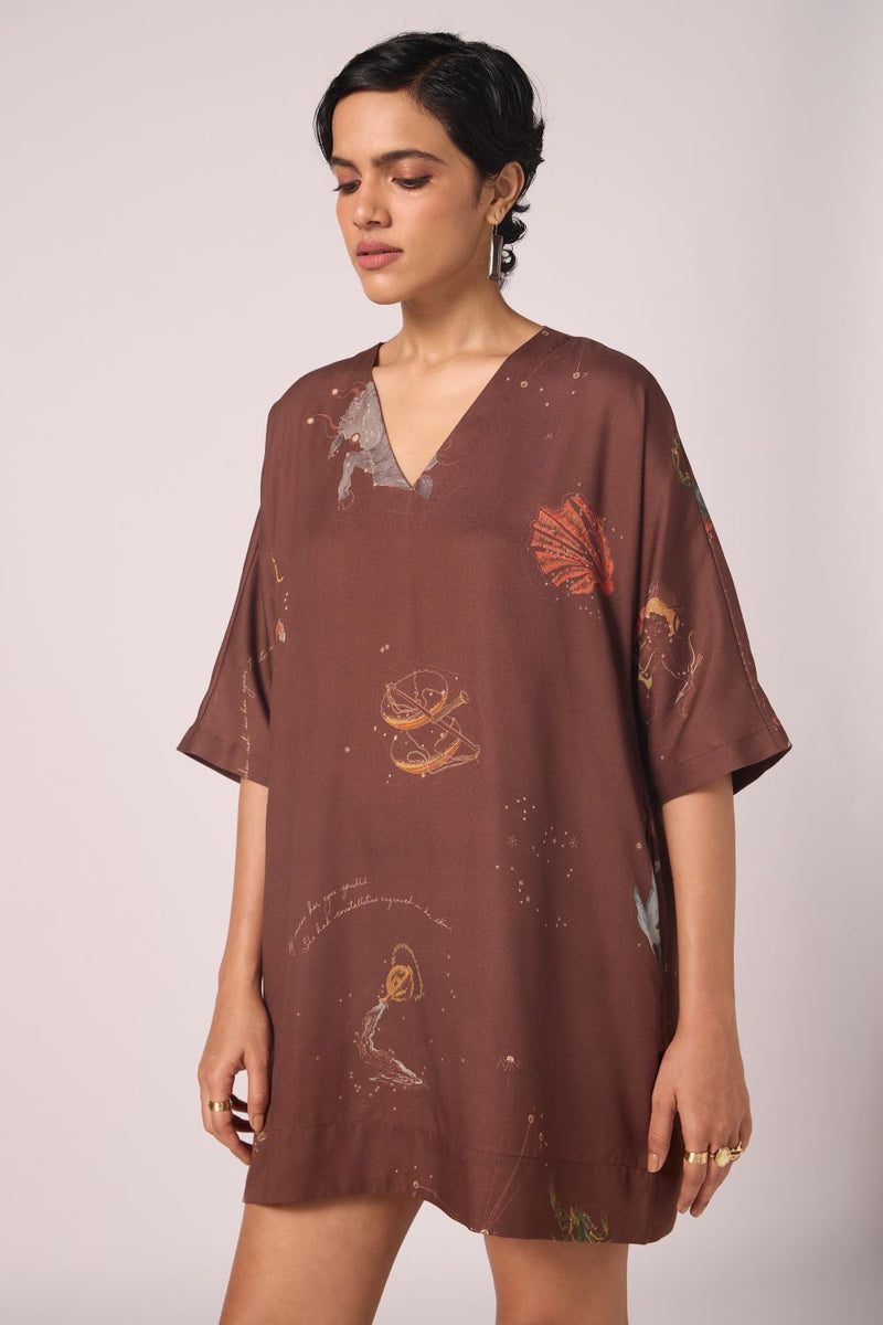 Stad Brown Zodiac Print Shift Dress by The Summer House in brown color for women in Singapore