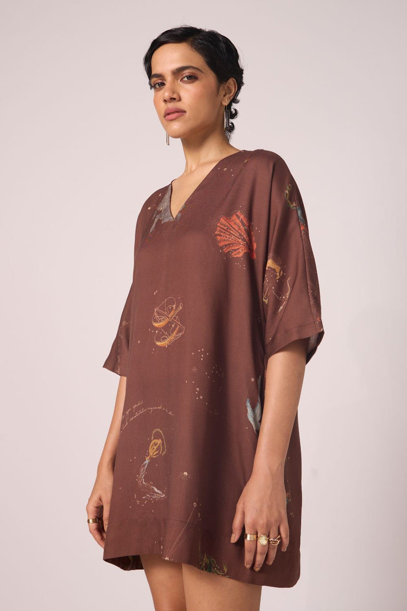 Stad Brown Zodiac Print Shift Dress by The Summer House in brown color for women in Singapore
