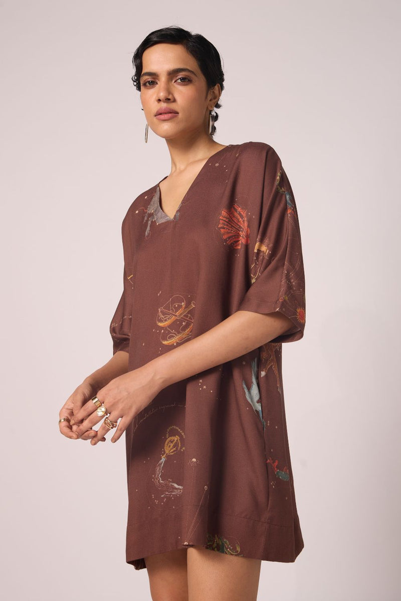 Stad Brown Zodiac Print Shift Dress by The Summer House in brown color for women in Singapore