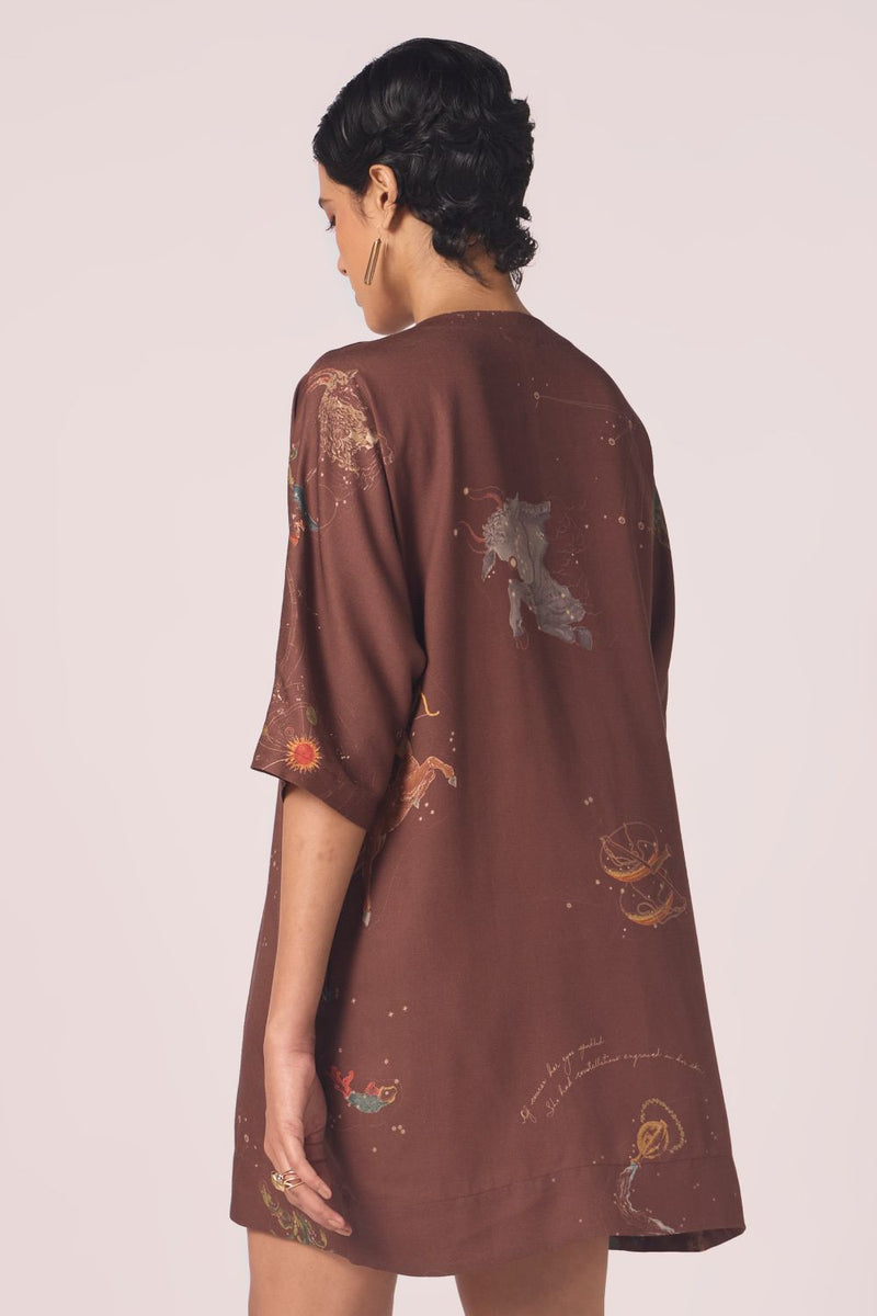 Stad Brown Zodiac Print Shift Dress by The Summer House in brown color for women in Singapore