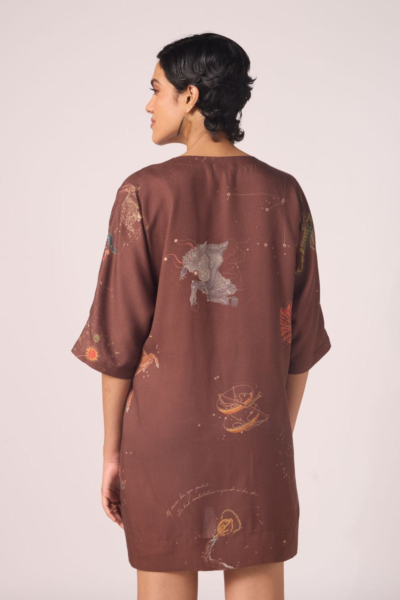 Stad Brown Zodiac Print Shift Dress by The Summer House in brown color for women in Singapore