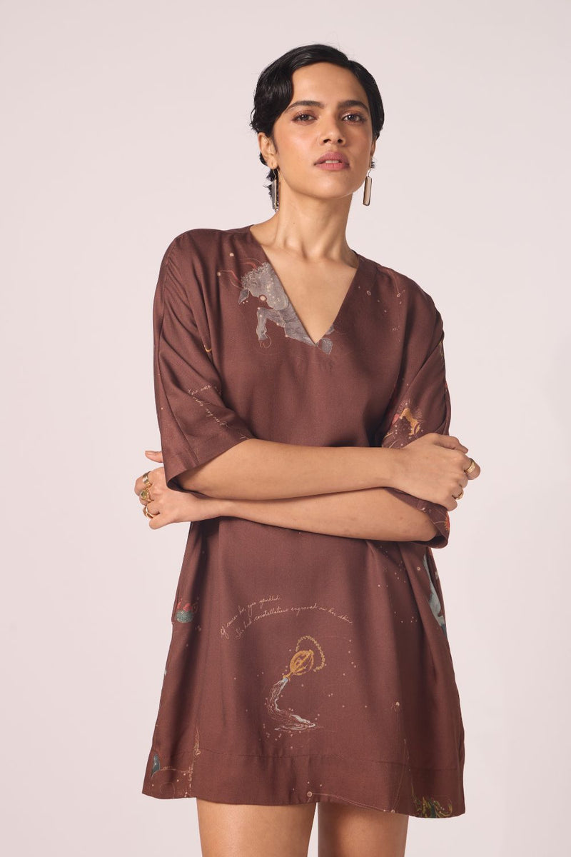 Stad Brown Zodiac Print Shift Dress by The Summer House in brown color for women in Singapore