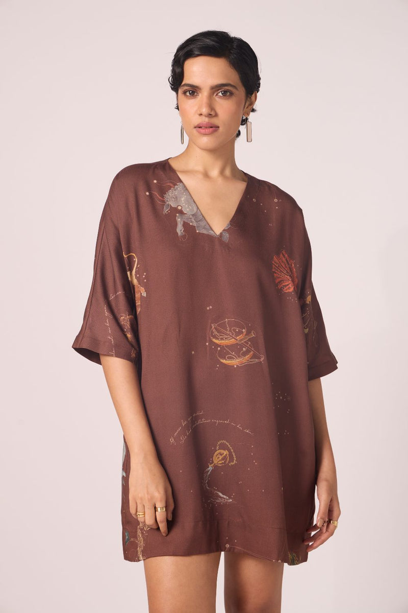 Stad Brown Zodiac Print Shift Dress by The Summer House in brown color for women in Singapore