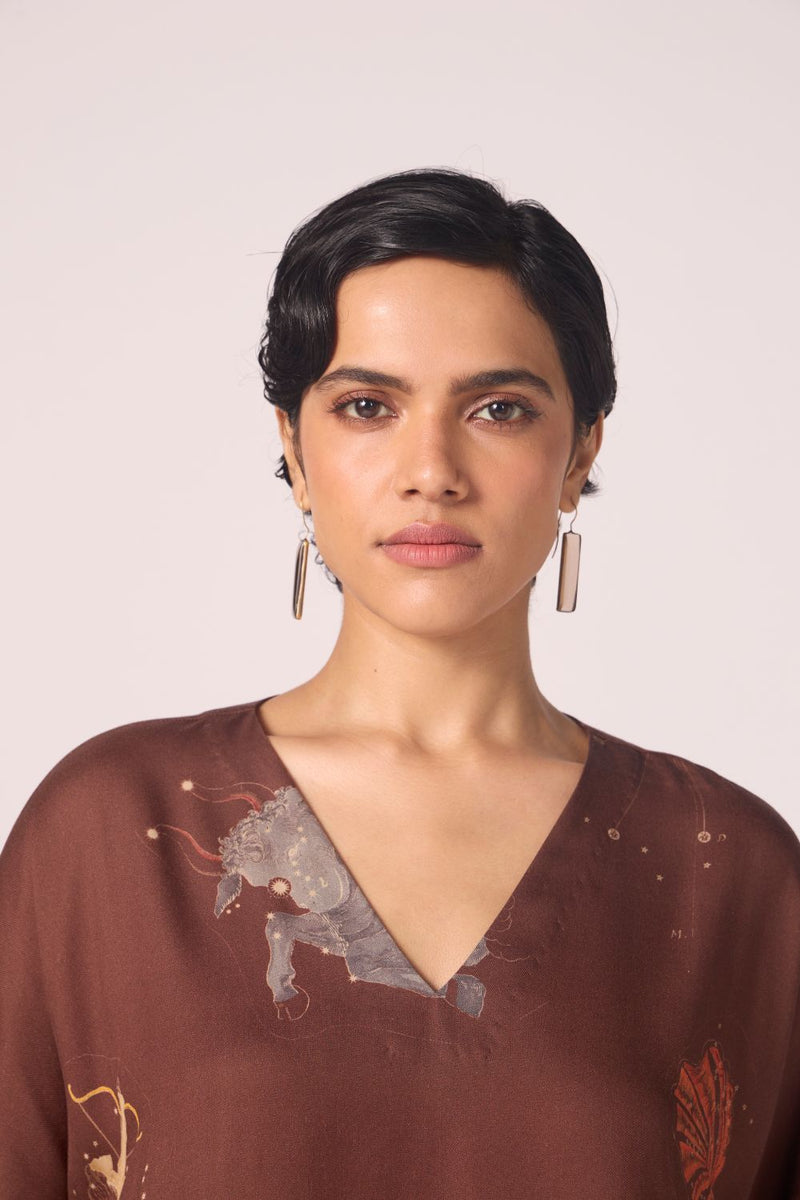 Stad Brown Zodiac Print Shift Dress by The Summer House in brown color for women in Singapore