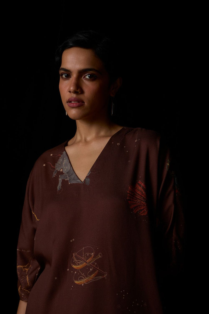 Stad Brown Zodiac Print Shift Dress by The Summer House in brown color for women in Singapore