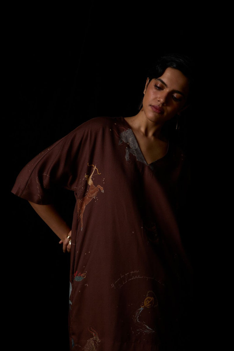 Stad Brown Zodiac Print Shift Dress by The Summer House in brown color for women in Singapore