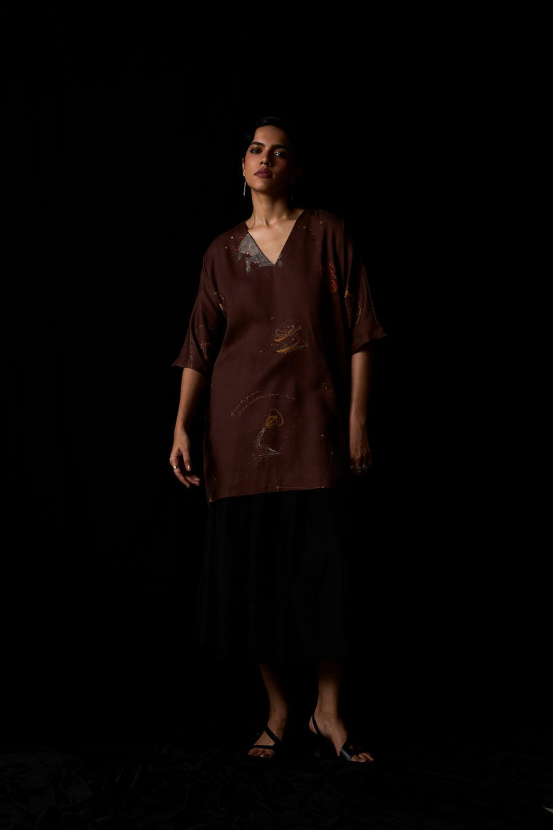 Stad Brown Zodiac Print Shift Dress by The Summer House in brown color for women in Singapore