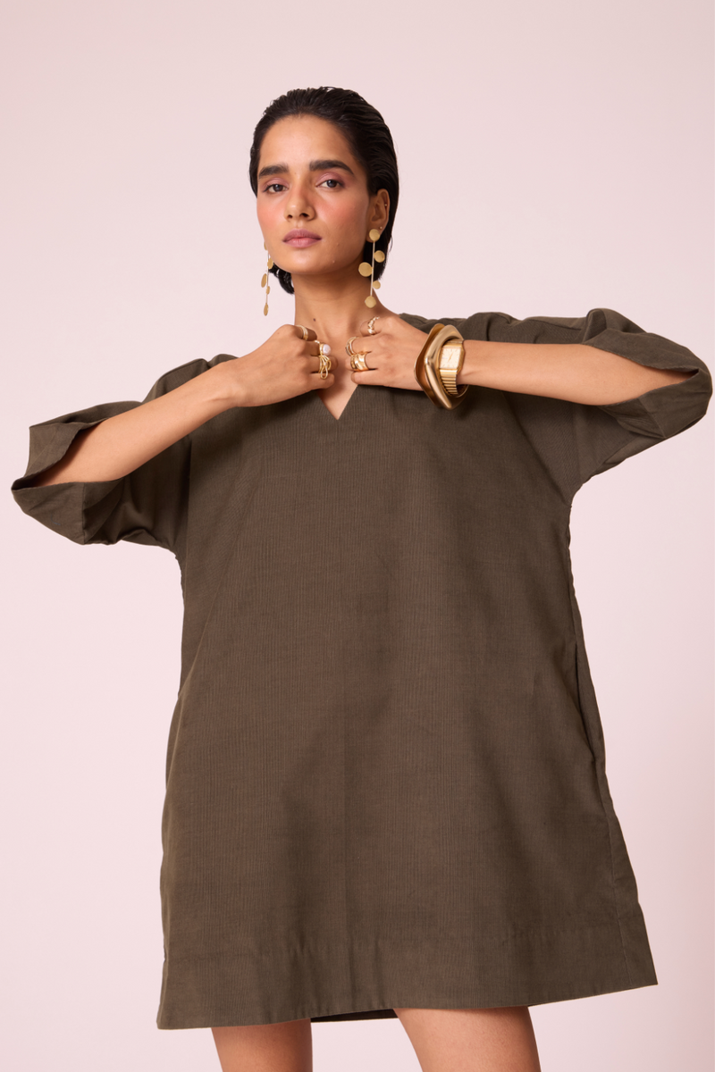 Stad Olive Needlecord Shift Dress cotton by The Summer House in olive color for women in Singapore