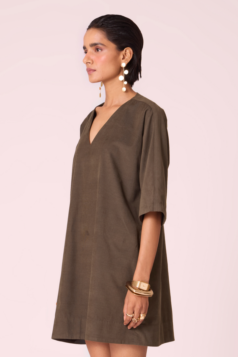 Stad Olive Needlecord Shift Dress cotton by The Summer House in olive color for women in Singapore