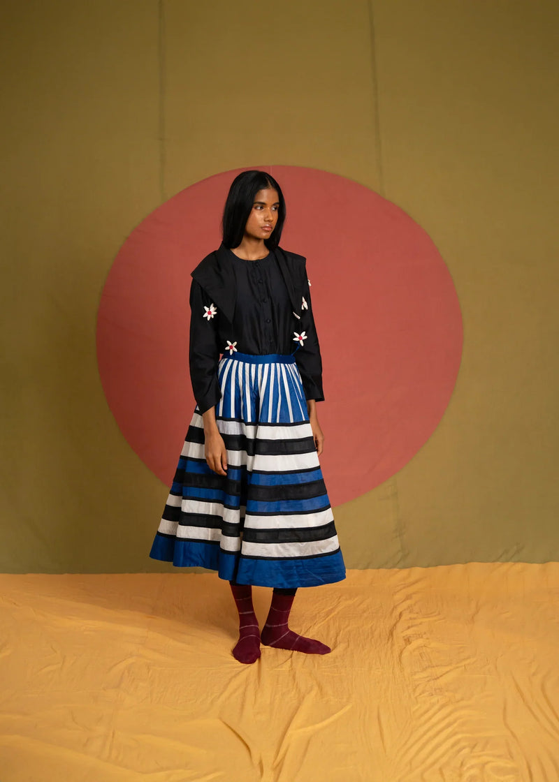 Stella Rangoli Skirt-Black, Blue and White chanderi skirt by Ka-Sha in blue for women in Singapore