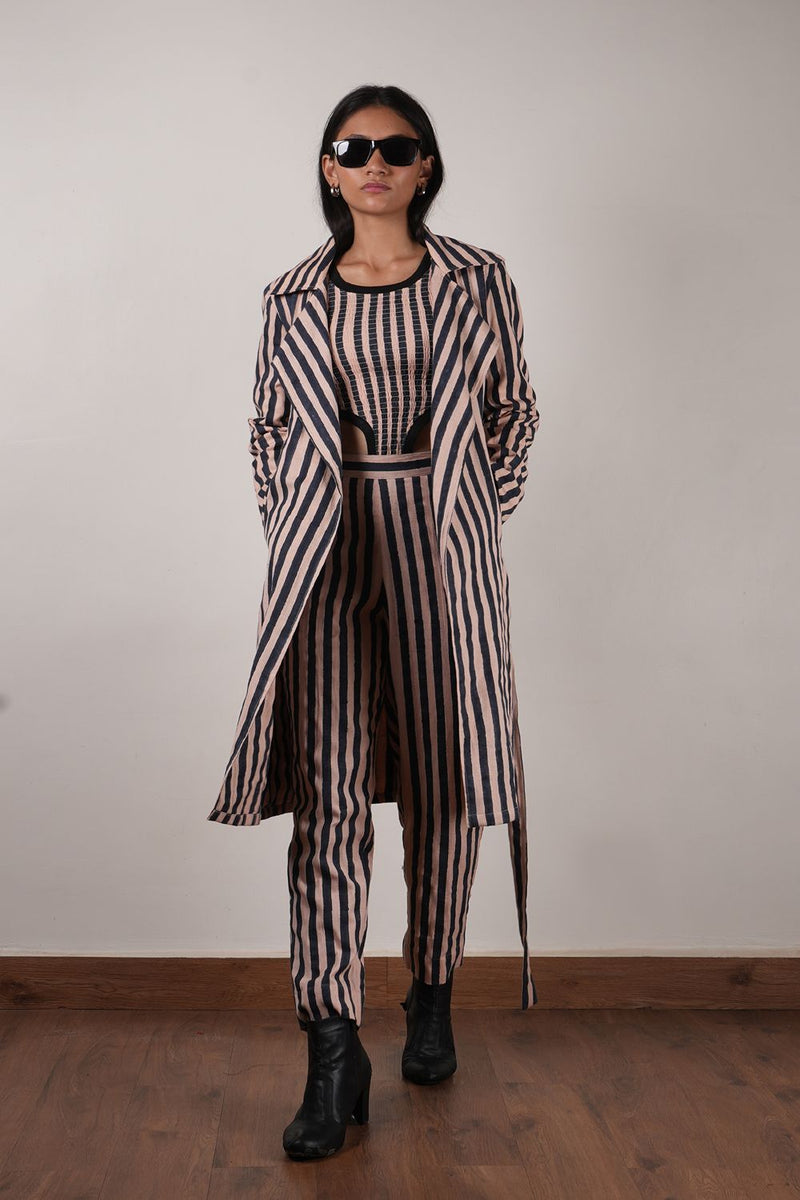 Pink with Charcoal Block Printed Striped Trench & Bodysuit Set (3 PCS) cotton by Mati in pink color for women in Singapore