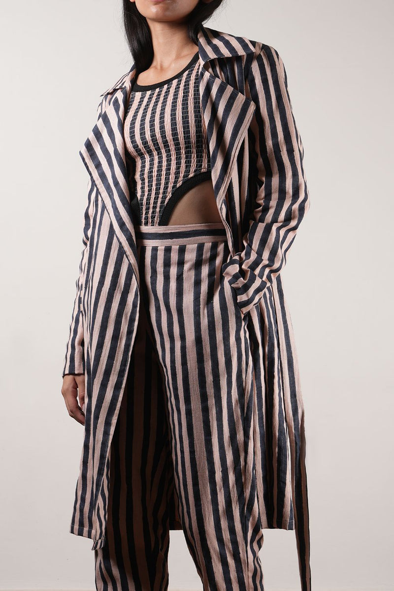 Pink with Charcoal Block Printed Striped Trench & Bodysuit Set (3 PCS) cotton by Mati in pink color for women in Singapore