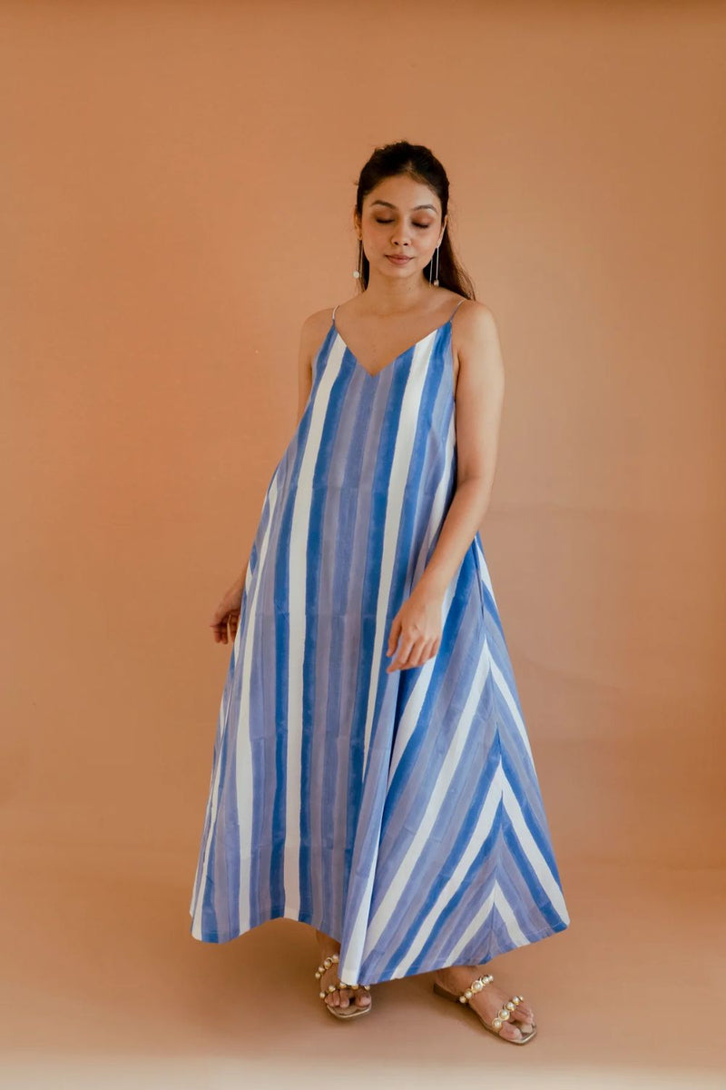 Strokes in Blue Dress cotton by Homegrown by Alterego in blue color for women in Singapore