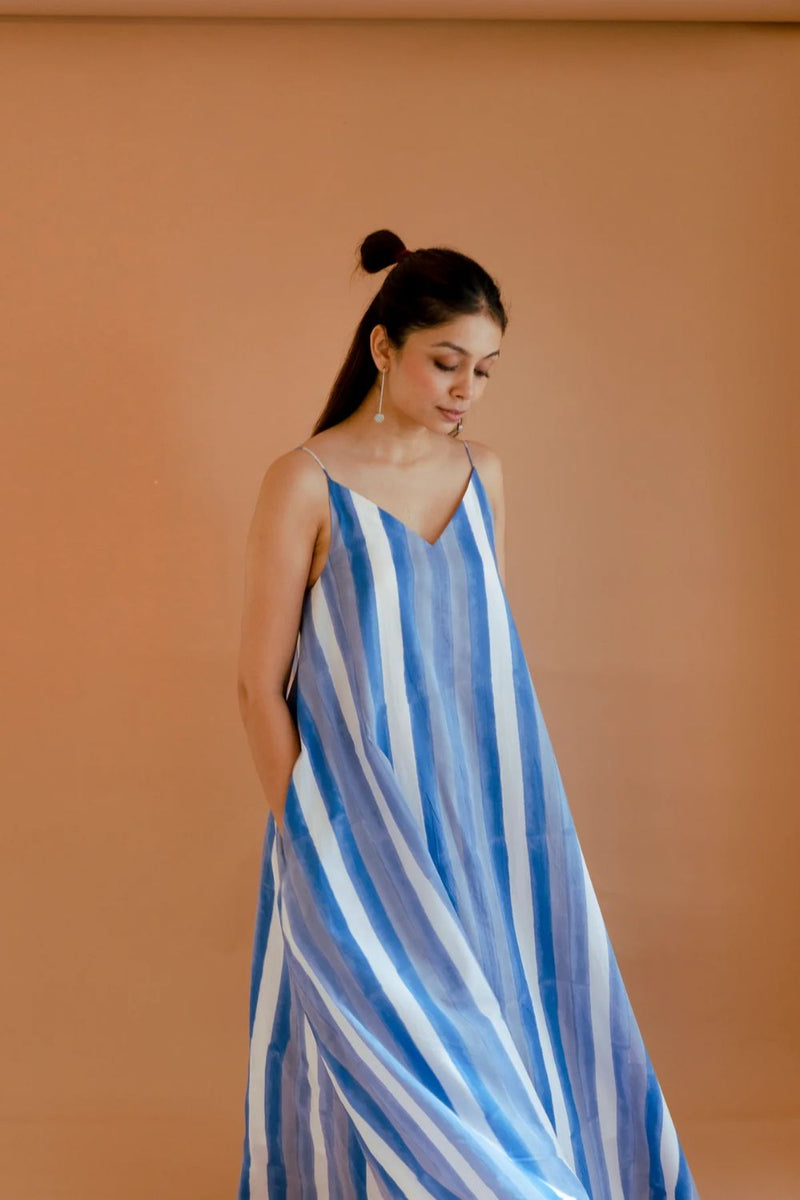 Strokes in Blue Dress cotton by Homegrown by Alterego in blue color for women in Singapore