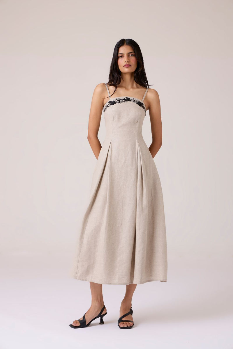 Suhjan Beige Linen Dress linen by The Summer House in beige color for women in Singapore