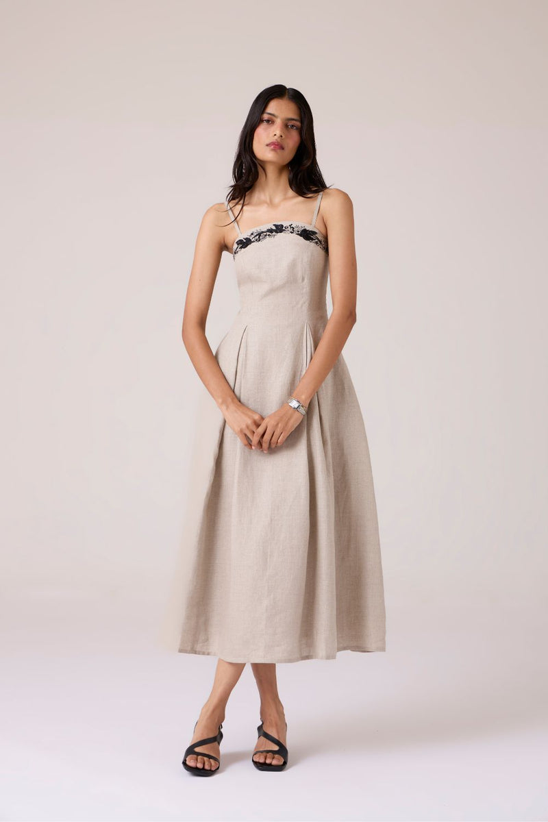 Suhjan Beige Linen Dress linen by The Summer House in beige color for women in Singapore
