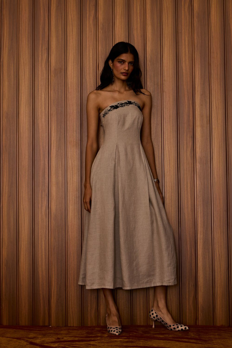 Suhjan Beige Linen Dress linen by The Summer House in beige color for women in Singapore