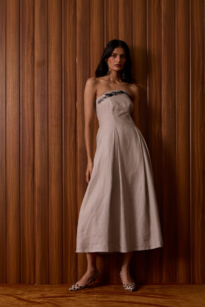 Suhjan Beige Linen Dress linen by The Summer House in beige color for women in Singapore