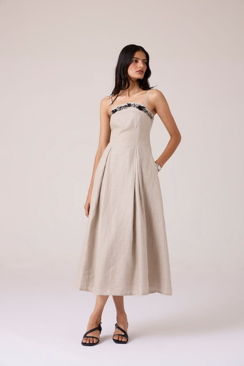 Suhjan Beige Linen Dress linen by The Summer House in beige color for women in Singapore