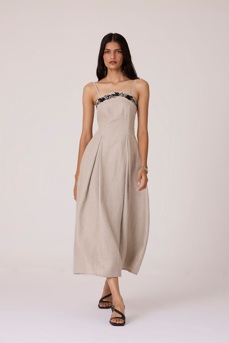 Suhjan Beige Linen Dress linen by The Summer House in beige color for women in Singapore