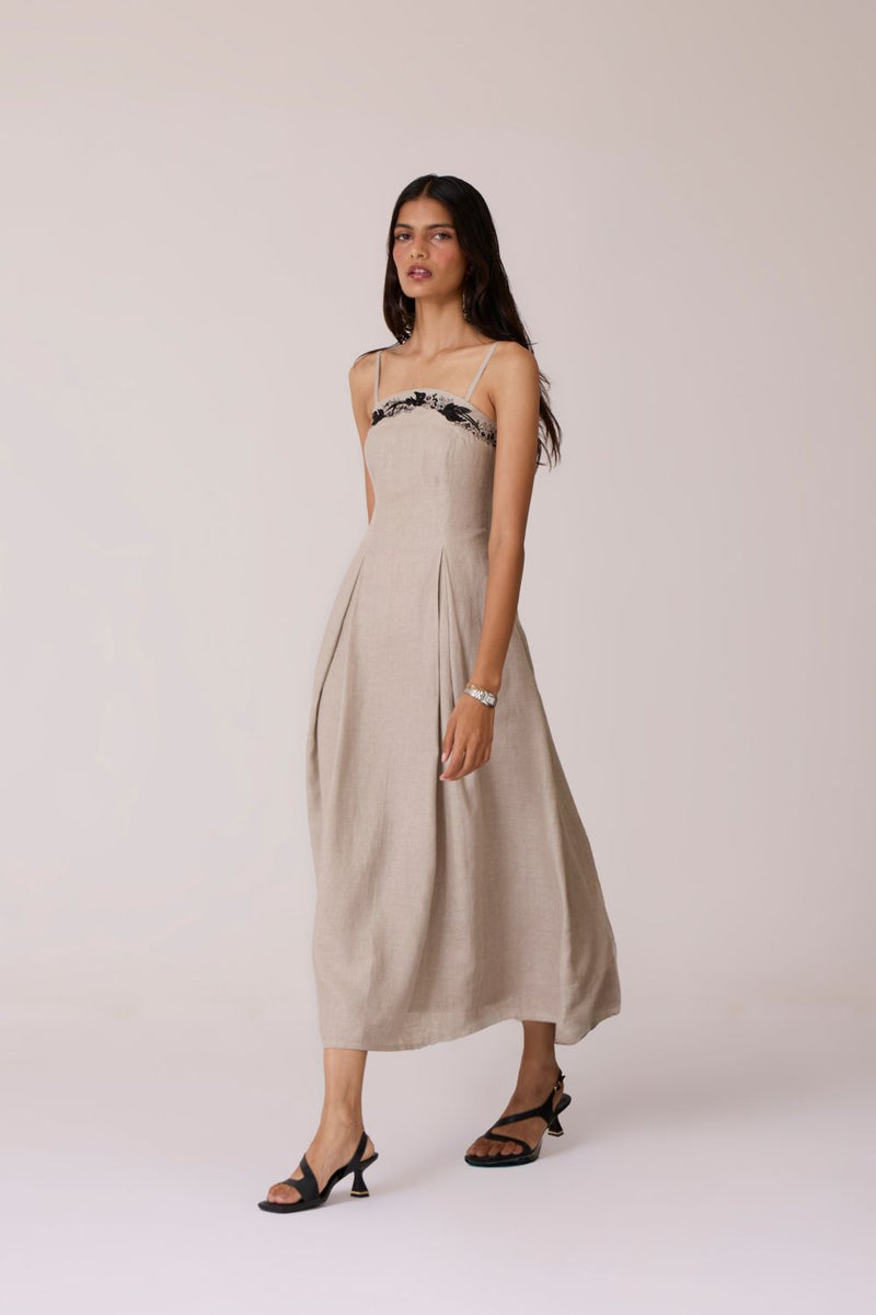 Suhjan Beige Linen Dress linen by The Summer House in beige color for women in Singapore