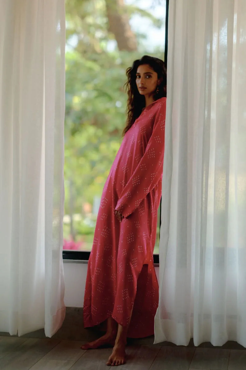 Suma Silk Bandhani Kaftan silk Buy Suma Silk Bandhani Kaftan from C&W | Tunics And Kaftan for Women by Ituvana in pink color for women in Singapore