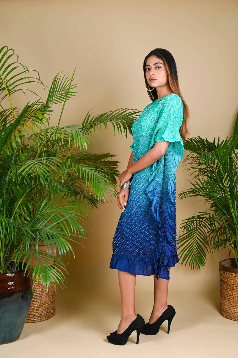 SUNFLOWER KAFTAN-AQUA GREEN TO INDIGO SHADED silk by Dyelogue in multi color for women in Singapore