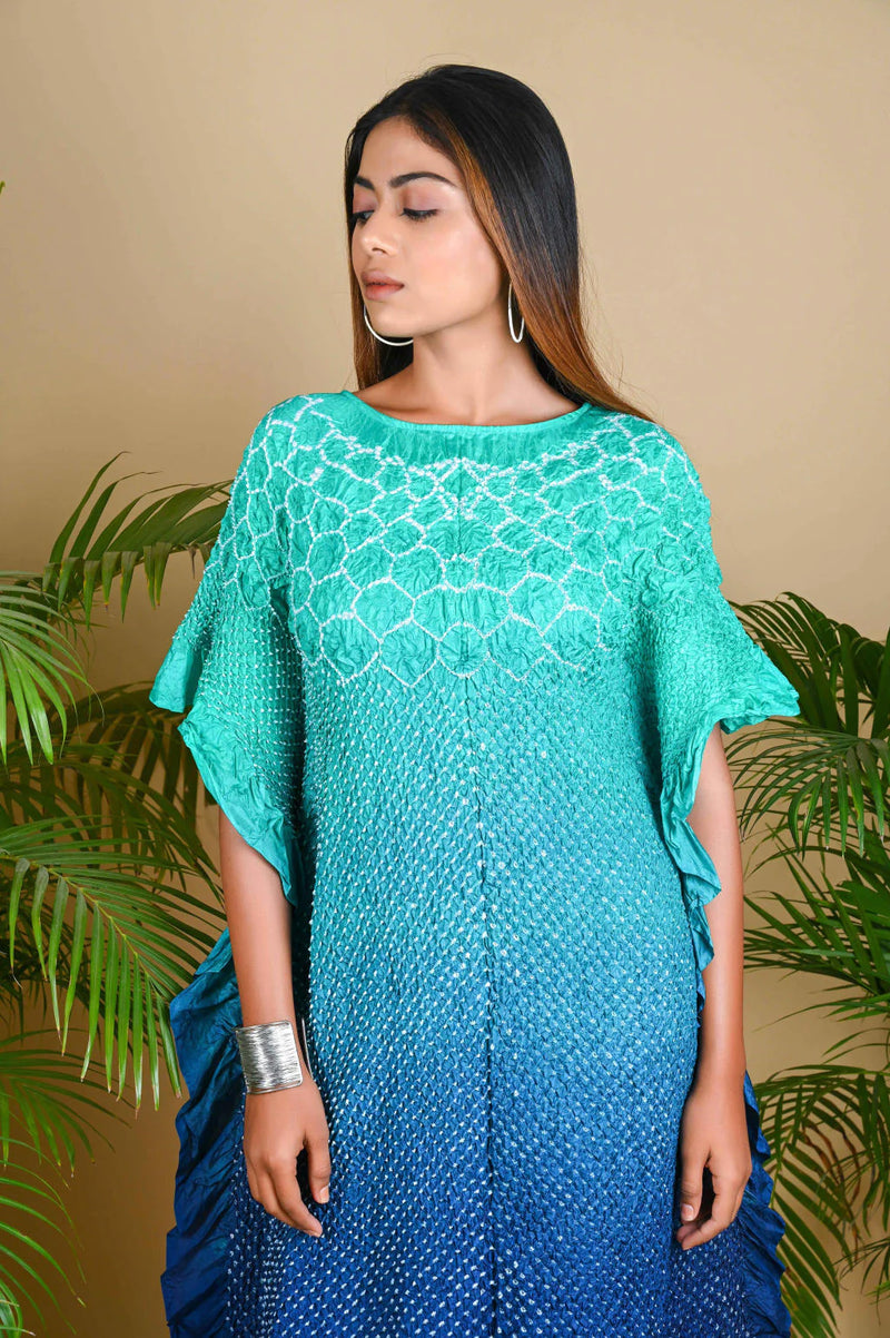 SUNFLOWER KAFTAN-AQUA GREEN TO INDIGO SHADED silk by Dyelogue in multi color for women in Singapore
