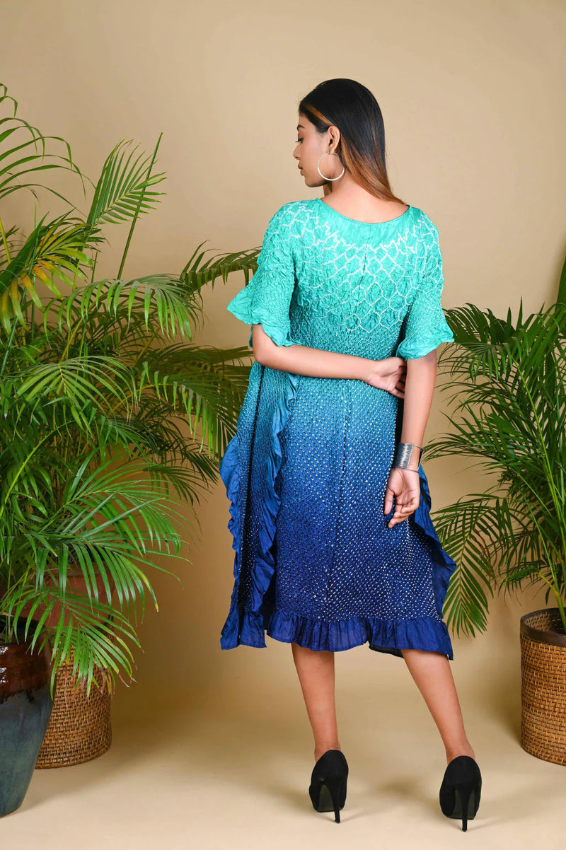 SUNFLOWER KAFTAN-AQUA GREEN TO INDIGO SHADED silk by Dyelogue in multi color for women in Singapore