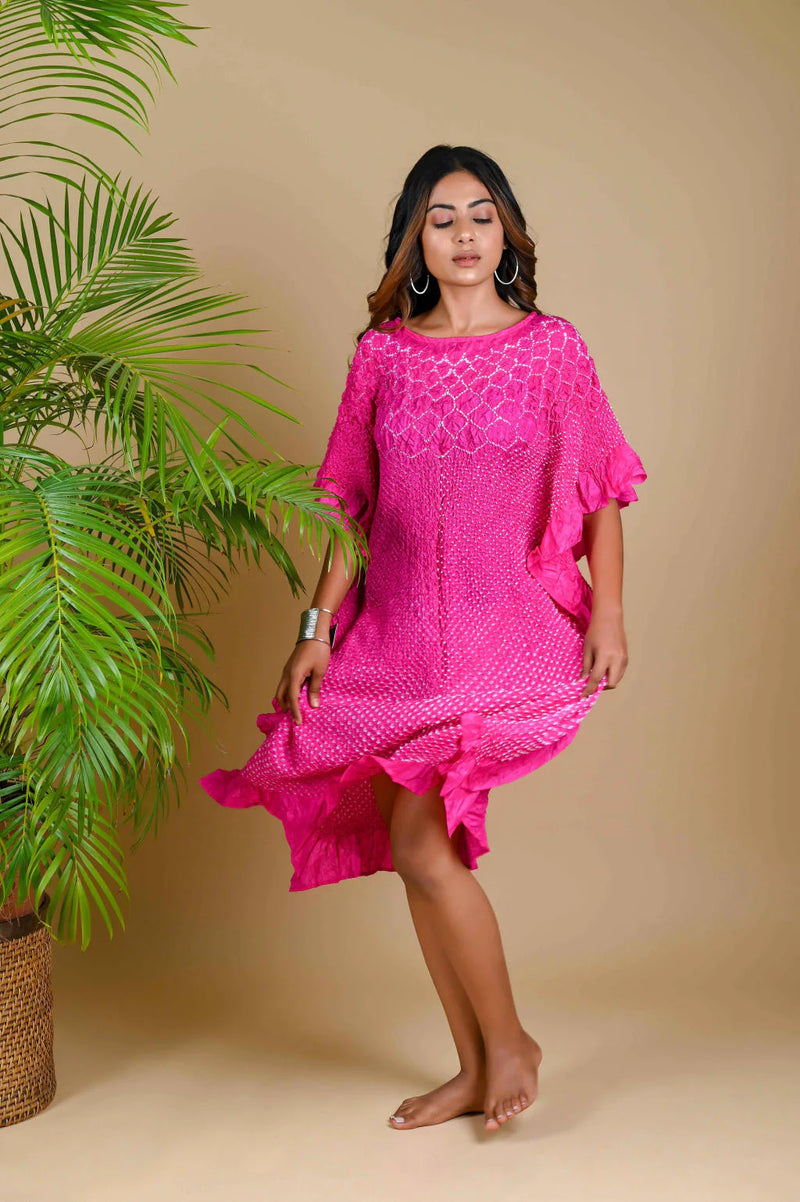 SUNFLOWER KAFTAN-FUSCHIA PINK silk by Dyelogue for women in Singapore