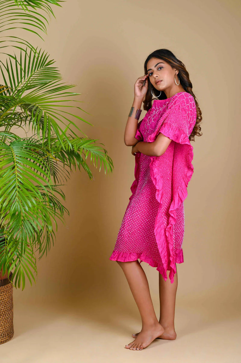 SUNFLOWER KAFTAN-FUSCHIA PINK silk by Dyelogue for women in Singapore