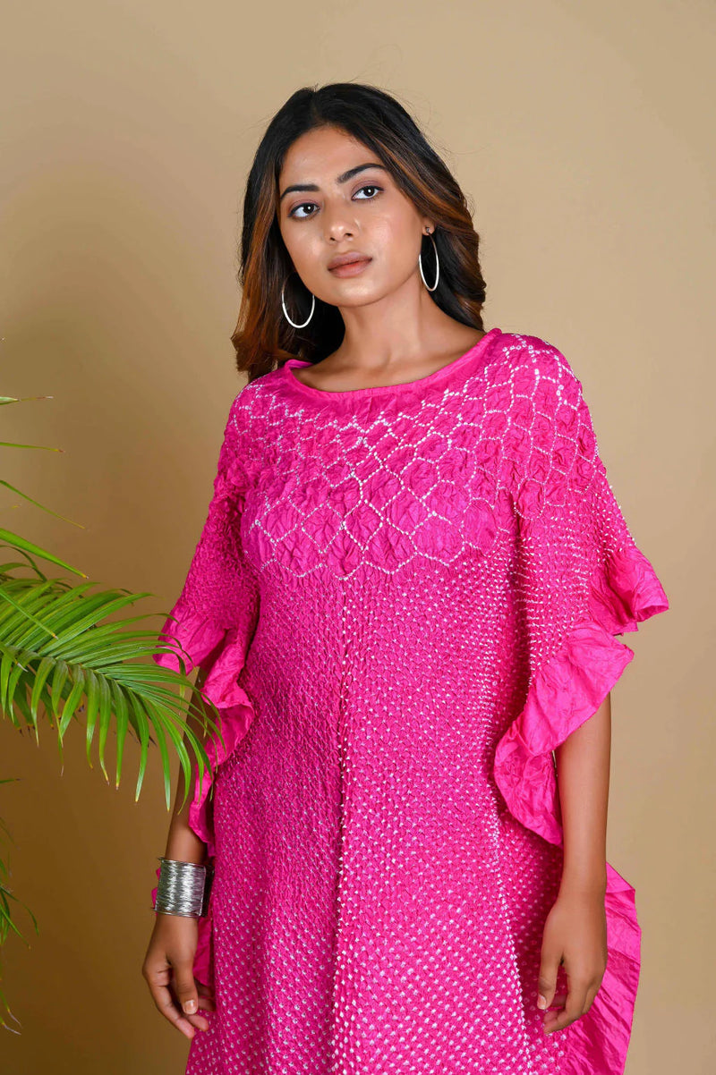SUNFLOWER KAFTAN-FUSCHIA PINK silk by Dyelogue for women in Singapore