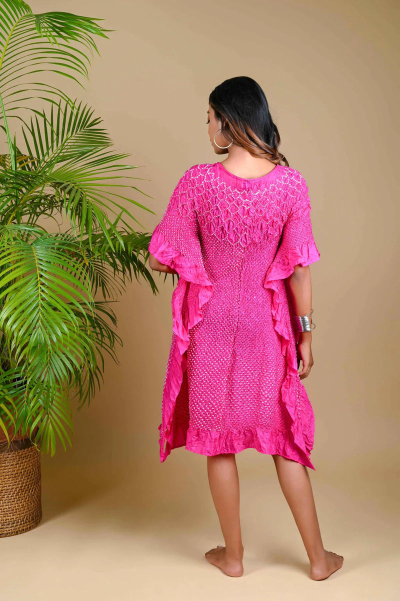 SUNFLOWER KAFTAN-FUSCHIA PINK silk by Dyelogue for women in Singapore