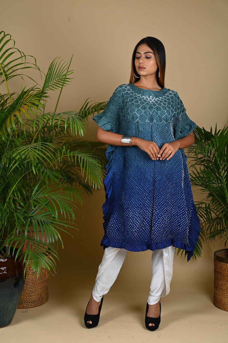 SUNFLOWER KAFTAN-GREY TO INDIGO BLUE SHADED silk by Dyelogue in multi color for women in Singapore